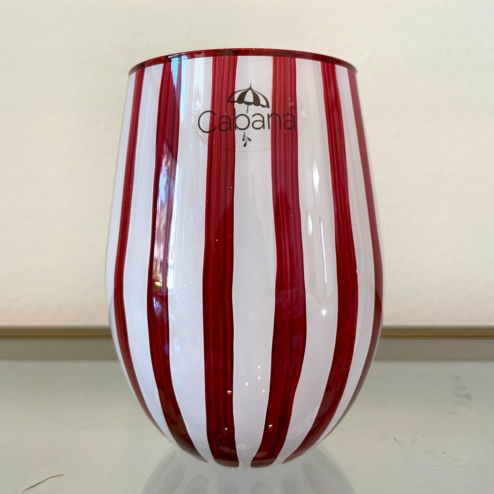 Cabana Red Striped Stemless Wine Glass 17oz Chic Holiday Barware NEW